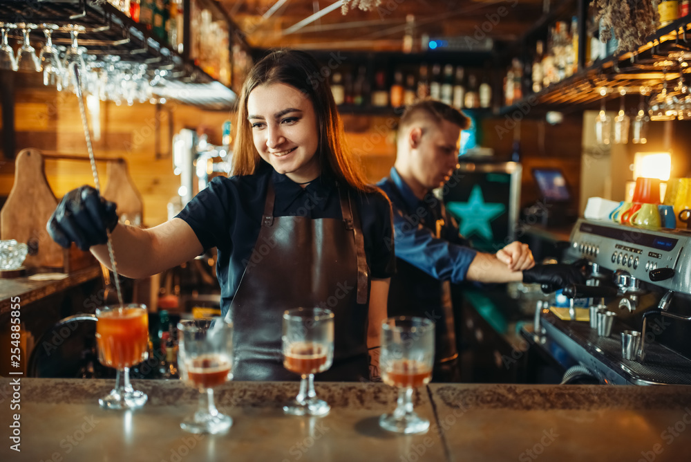 Male and female bartender at the bar counter