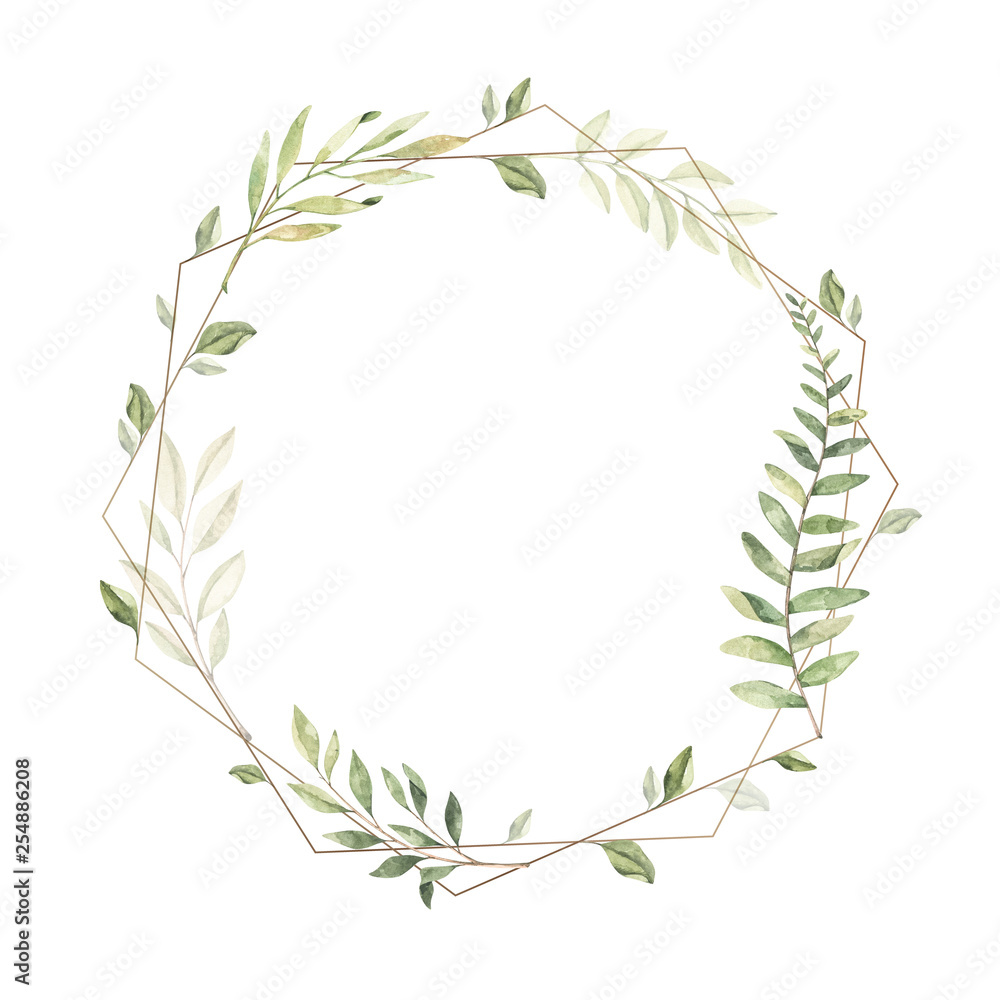 Hand drawn watercolor illustration. Geometric gold frame with botanical branches and leaves. Greenery. Floral Design elements. Perfect for wedding invitations, cards, prints, posters, packing - obrazy, fototapety, plakaty 