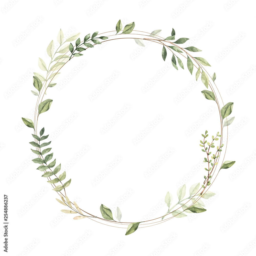 Hand drawn watercolor illustration. Circle gold frame with botanical branches and leaves. Greenery. Floral Design elements. Perfect for wedding invitations, cards, prints, posters, packing Hand drawn watercolor illustration. Circle gold frame with botanical branches and leaves. Greenery. Floral Design elements. Perfect for wedding invitations, cards, prints, posters, packing