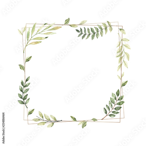 Hand drawn watercolor illustration. Geometric gold frame with botanical branches and leaves. Greenery. Floral Design elements. Perfect for wedding invitations  cards  prints  posters  packing