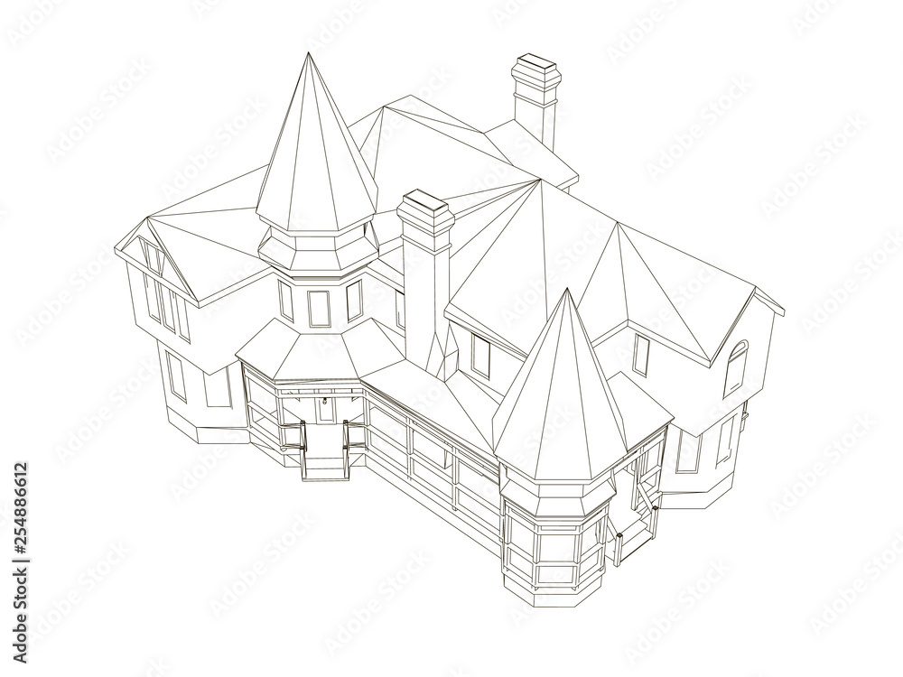 Outline of the building of black lines on a white background. Outline of the building is isolated on a white background. Isometric view. Vector illustration