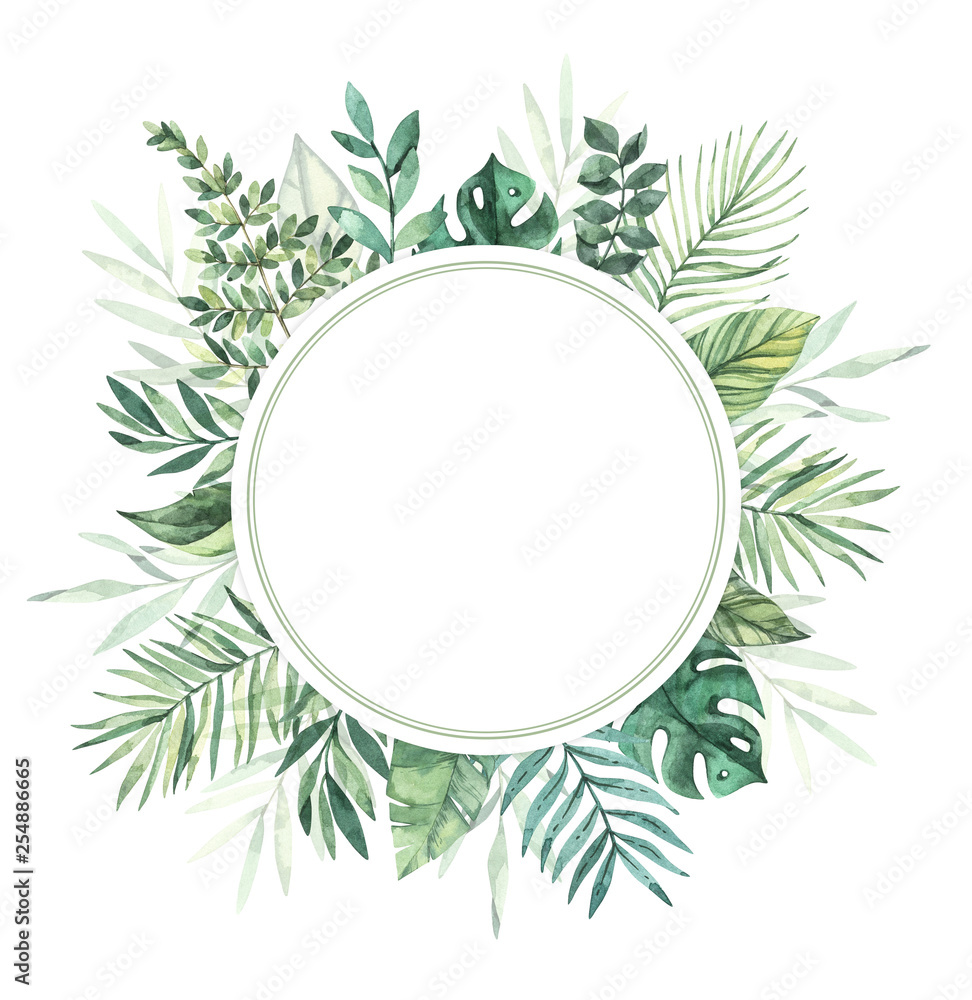Watercolor illustration. Summer tropical label. Tropical palm leaves (monstera, areca, fan, banana). Perfect for wedding invitations, prints, greeting card, posters Watercolor illustration. Summer tropical label. Tropical palm leaves (monstera, areca, fan, banana). Perfect for wedding invitations, prints, greeting card, posters
