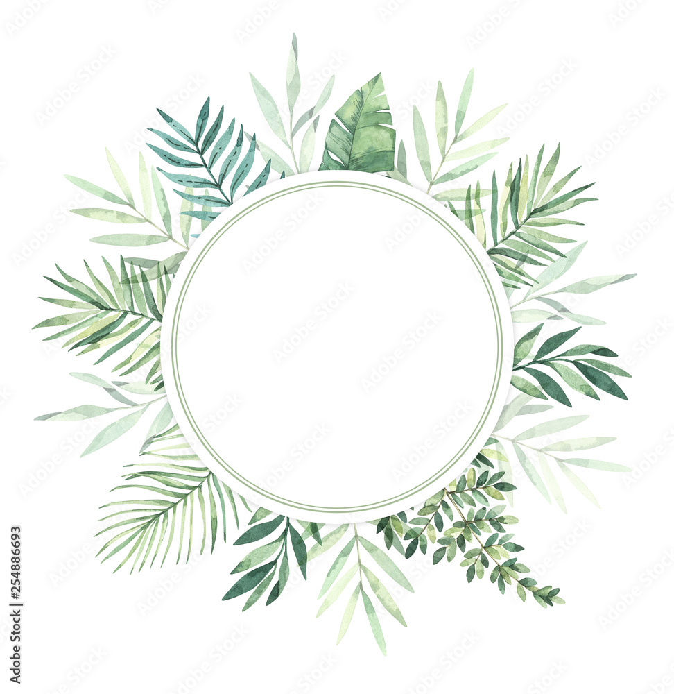 Watercolor illustration. Summer tropical label. Tropical palm leaves (monstera, areca, fan, banana). Perfect for wedding invitations, prints, greeting card, posters