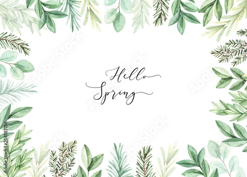 Hand drawn watercolor illustration. Botanical frame with eucalyptus, branches and leaves. Greenery. Floral Design elements. Perfect for wedding invitations, cards, prints, posters, packing