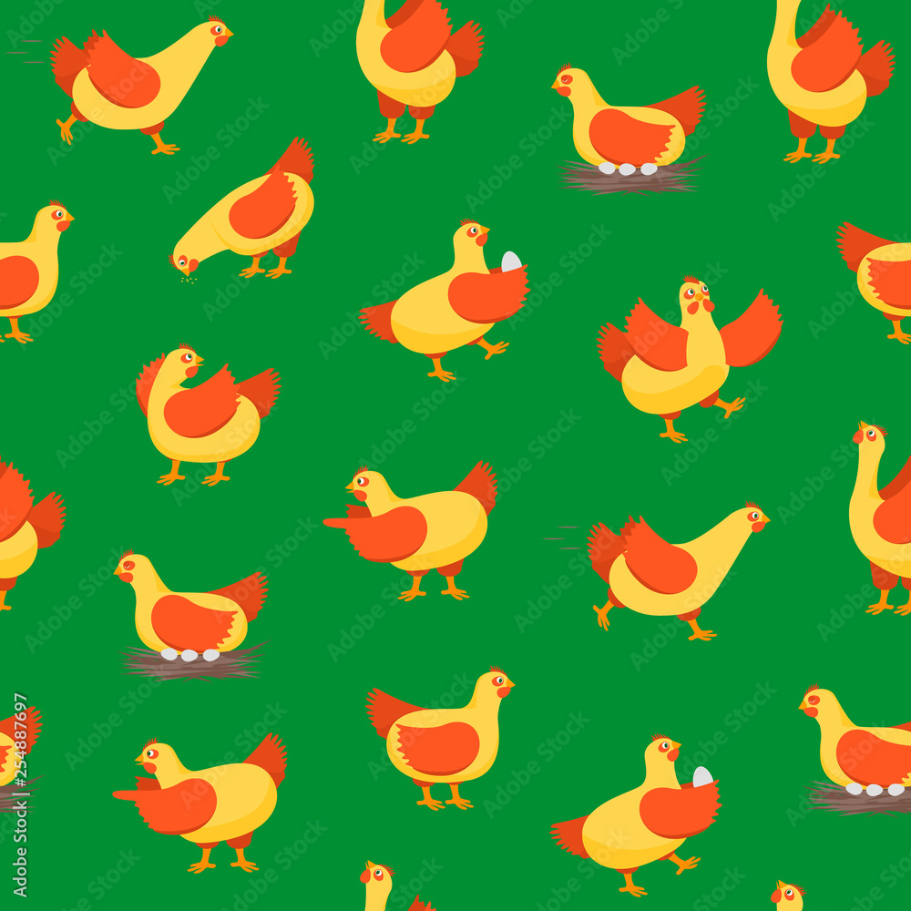 Cartoon Characters Happy Hens Seamless Pattern Background. Vector Cartoon Characters Happy Hens Seamless Pattern Background. Vector