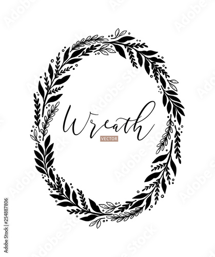 Hand drawn vector illustration. Botanical laurel wreath with branches and leaves. Floral design elements. Perfect for weddng invitations, greeting cards, posters, logo photo