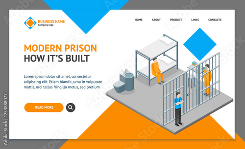Modern Prison Interior with Furniture and People Landing Web Page Template Isometric View. Vector