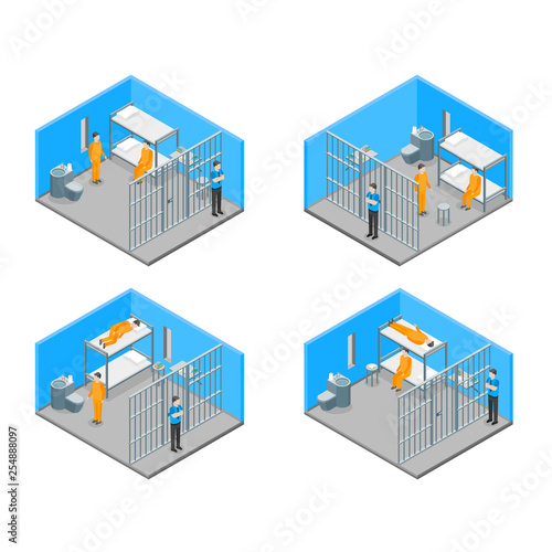Modern Prison Interior with Furniture and People Isometric View. Vector