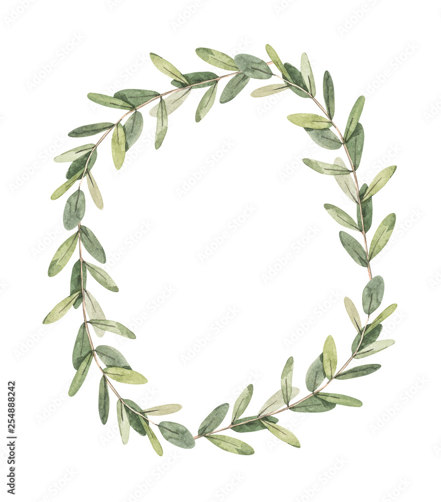 Hand drawn watercolor illustration. Botanical greenery wreath with eucalyptus branches. Floral Design elements. Perfect for wedding invitations, greeting cards, prints, posters, packing Hand drawn watercolor illustration. Botanical greenery wreath with eucalyptus branches. Floral Design elements. Perfect for wedding invitations, greeting cards, prints, posters, packing