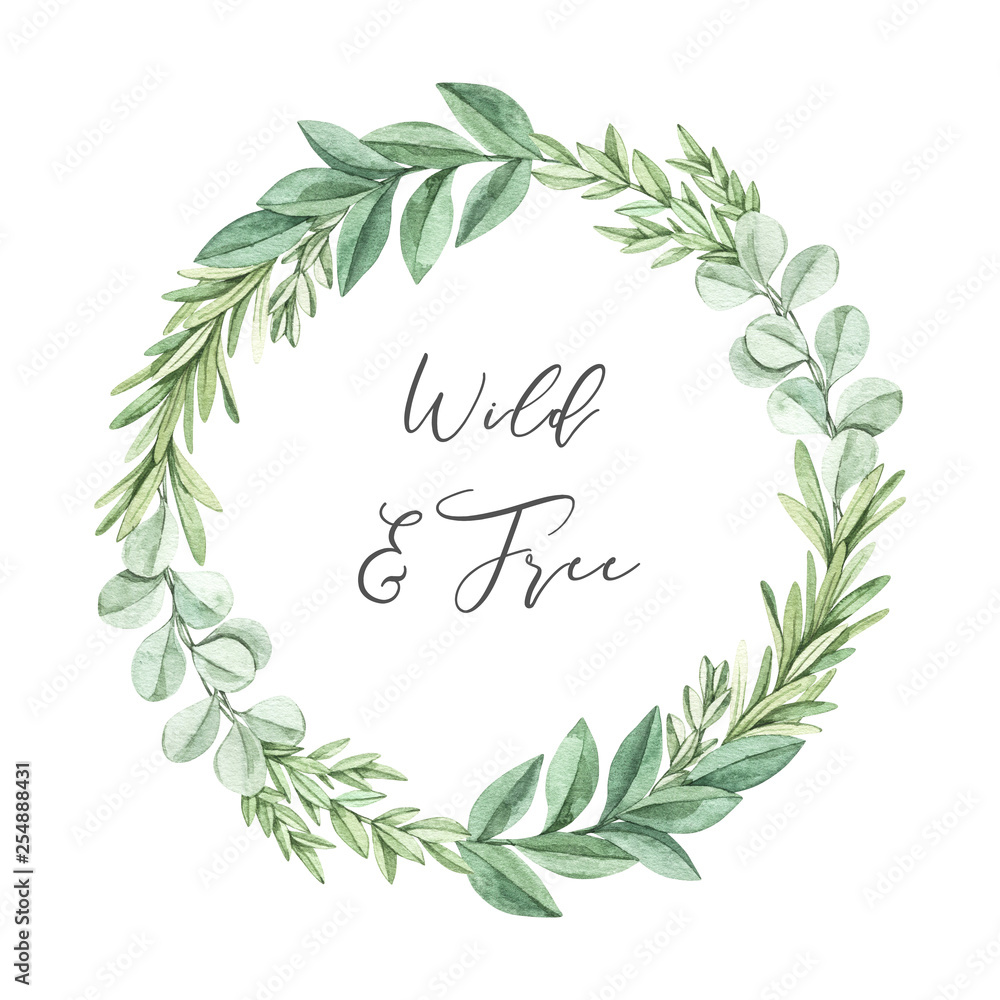 Hand drawn watercolor illustration. Botanical wreath with eucalyptus branches and leaves. Greenery. Floral Design elements. Perfect for wedding invitations, greeting cards, prints, posters, packing