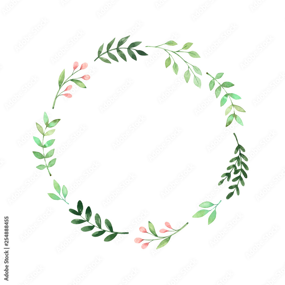 Hand drawn watercolor illustration. Botanical greenery wreath with branches and leaves. Floral Design elements. Perfect for wedding invitations, greeting cards, prints, posters, packing