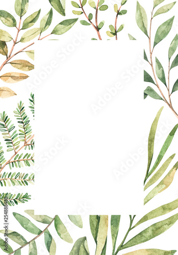 Hand drawn watercolor illustration. Botanical frame with eucalyptus  branches  fern and leaves. Greenery. Floral Design elements. Perfect for wedding invitations  cards  prints  posters  packing
