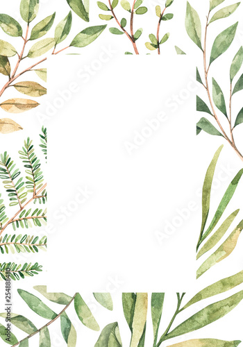 Hand drawn watercolor illustration. Botanical frame with eucalyptus, branches, fern and leaves. Greenery. Floral Design elements. Perfect for wedding invitations, cards, prints, posters, packing