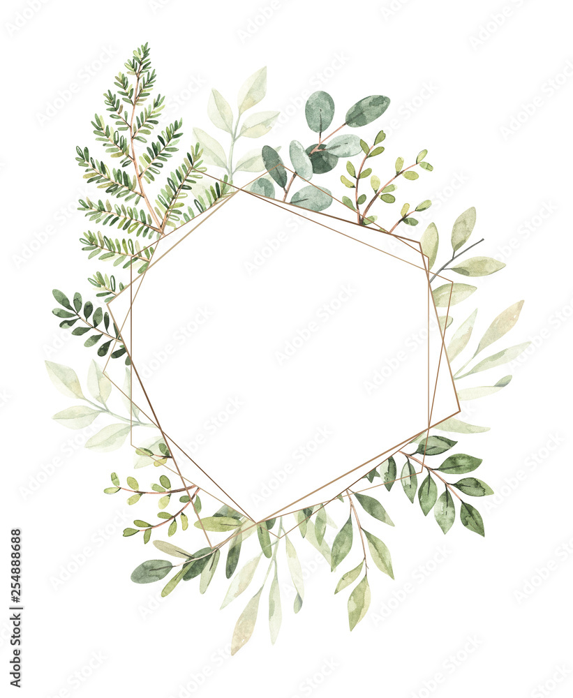 Naklejka premium Hand drawn watercolor illustration. Botanical composition with gold frame, eucalyptus, branches, fern and leaves. Greenery. Perfect for wedding invitations, cards, prints, posters, packing