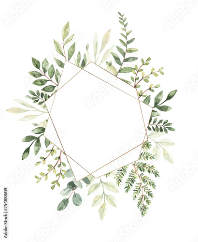 Hand drawn watercolor illustration. Botanical composition with gold frame  eucalyptus  branches  fern and leaves. Greenery. Perfect for wedding invitations  cards  prints  posters  packing
