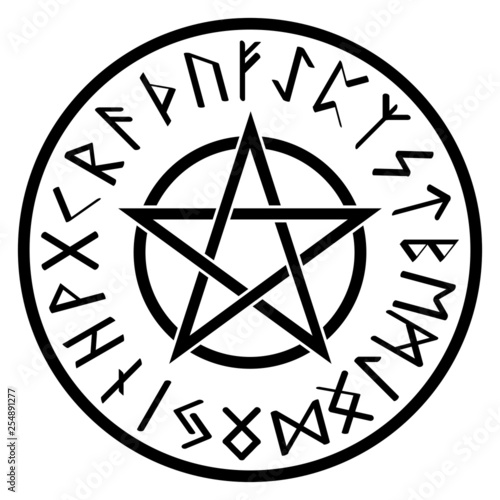 Illustration of the runic alphabet and the pentagram in a circle. photo