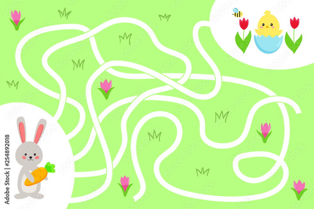 Maze game for preschool kids. Help the rabbit find right way to the his friend chick in eggshell. Spring theme. Vector illustration. Maze game for preschool kids. Help the rabbit find right way to the his friend chick in eggshell. Spring theme. Vector illustration.