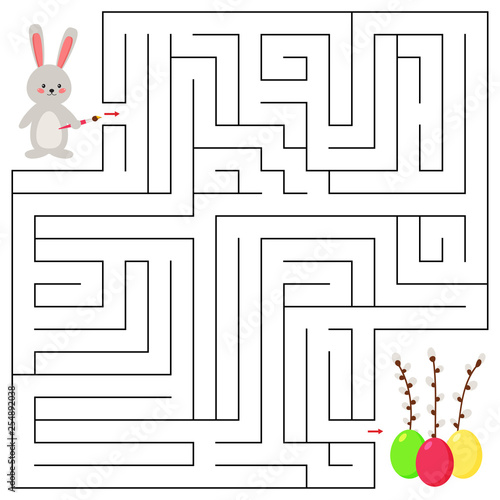 Maze game for preschool kids. Help the rabbit with brush find right way to the Easter eggs. Vector illustration.