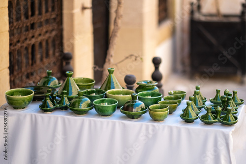 Traditional Moroccan market with souvenirs. Handmade ceramic