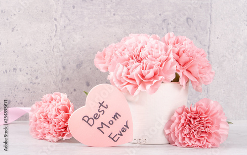 Mothers day handmade giftbox surprise wishes photography - Beautiful blooming carnations with pink ribbon box isolated on gray wallpaper design, close up, copy space photo