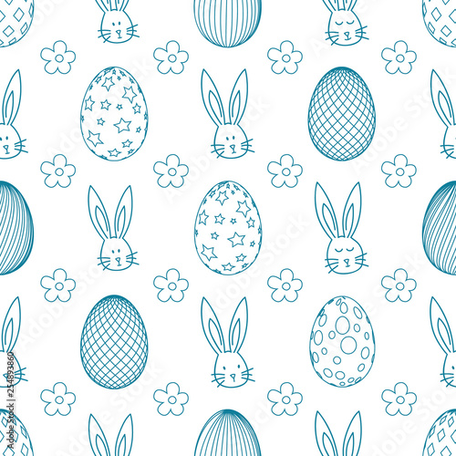 Seamless pattern with flowers, rabbit, and easter eggs on color background. Easter holiday background for logo, banner, post. Happy Easter day