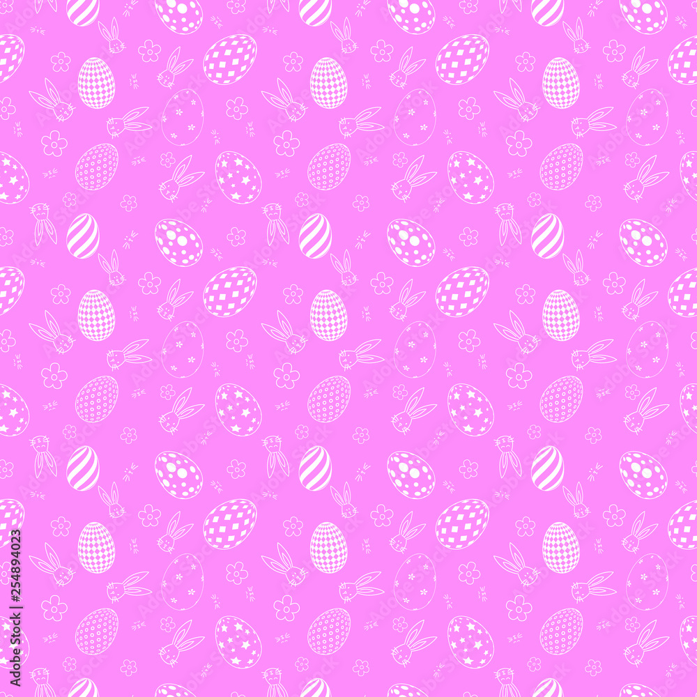 Seamless pattern with flowers, rabbit, and easter eggs on color background. Easter holiday background for logo, banner, post. Happy Easter day Seamless pattern with flowers, rabbit, and easter eggs on color background. Easter holiday background for logo, banner, post. Happy Easter day