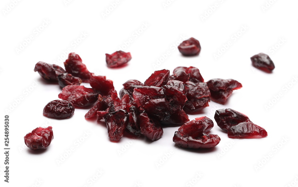 Dried cranberries isolated on white background, top view Dried cranberries isolated on white background, top view