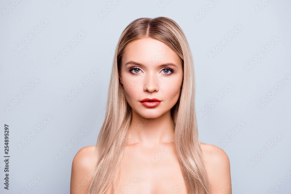 Concept of having natural beauty. Close up portrait confident beautiful charming cute lovely attractive she her woman with perfect ideal skin face lips isolated on grey background Concept of having natural beauty. Close up portrait confident beautiful charming cute lovely attractive she her woman with perfect ideal skin face lips isolated on grey background