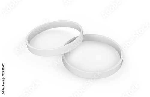 White silicone rubber wristband, Blank promo bracelet mock up template on isolated white background, 3d illustration