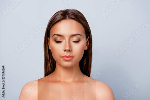 Close-up portrait of nice peaceful lady pure perfect flawless smooth shine skin divided different colors parts closed eyes isolated over pastel gray background photo