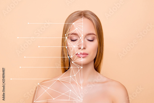 Close-up portrait of her she adorable attractive blonde naked nude lady with pure clean perfect flawless smooth soft skin closed eyes collage different parts closed eyes isolated on beige background