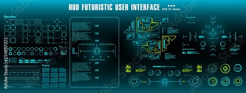 HUD elements mega set pack. Dashboard green display virtual reality technology screen.