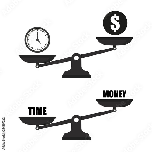 Time vs money on scales illustration icon.