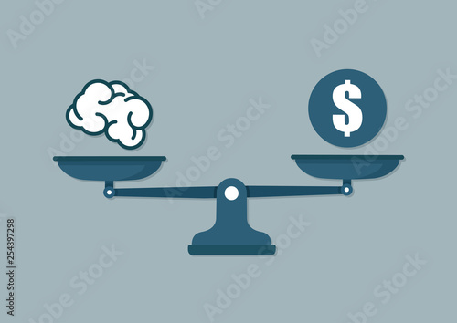 Idea brain and money on scales icon. Vector flat