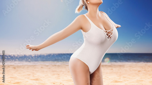  Plus size sexy model in swimsuit, fat woman on white studio background, overweight female body