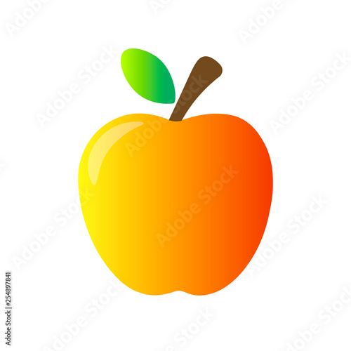 Icon of fresh red ripe juice shiny apple with reflection  stem and leaf. Isolated on white background. Editable vector EPS 10 illustration.