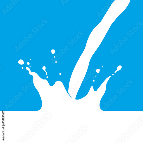 Cows, sheeps, goats, soya, rice, oat, hemp or coconut milk splash with pour, simple flat graphic vector illustration, isolated on blue background