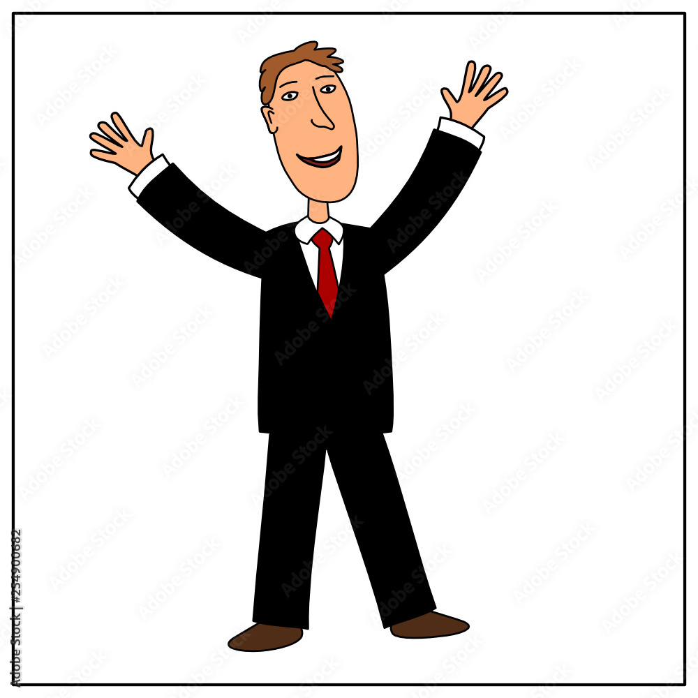A cartoon-style businessman in a black suit raised his hands joyfully, isolated on a white background.s A cartoon-style businessman in a black suit raised his hands joyfully, isolated on a white background.s