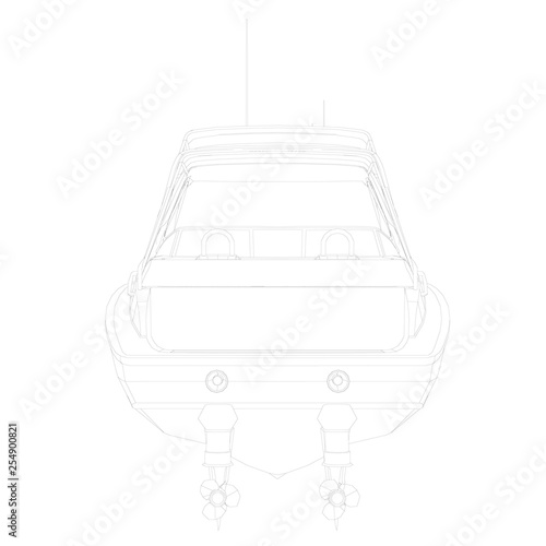 Outline sports boat. Back view. Vector illustration.