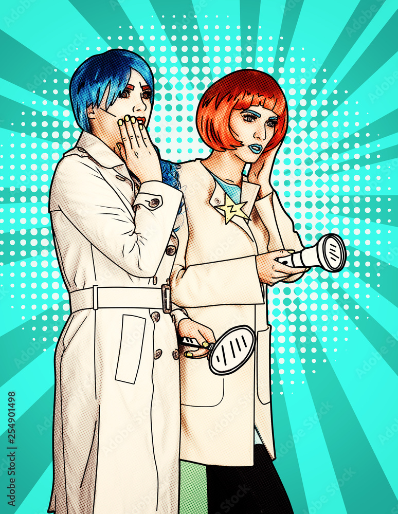 Female detectives investigate a crime. Young women in comic pop art make-up style. Female detectives investigate a crime. Young women in comic pop art make-up style.