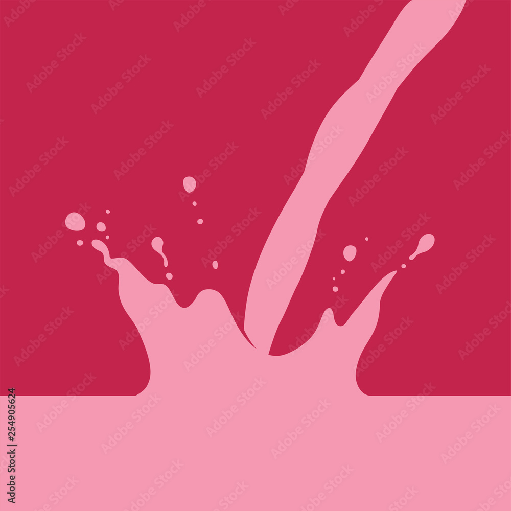 Strawberry or Raspberry Milk, or Milkshake Splash with Pour, flat graphic vector illustration on dark red background.