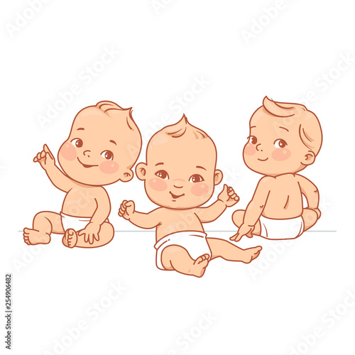 Cute little babies in diaper sitting together. Happy children. Girls and boys smiling waving hands, pointing.  Coloring page. Outlines. Monochrome. Vector illustration isolated on white background.