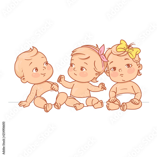 Cute little babies in diaper sitting together. Happy children. Girls and boys smiling waving hands, pointing.  Vector illustration isolated on white background.