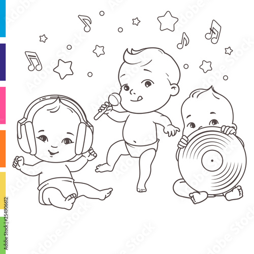 Cute little babies in diaper. Happy children listen music. Girls and boys in headphones, microphone, vinyl. Coloring page. Outlines. Monochrome. Vector illustration isolated on white background.