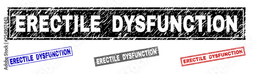 Grunge ERECTILE DYSFUNCTION rectangle stamp seals isolated on a white background. Rectangular seals with grunge texture in red, blue, black and grey colors.
