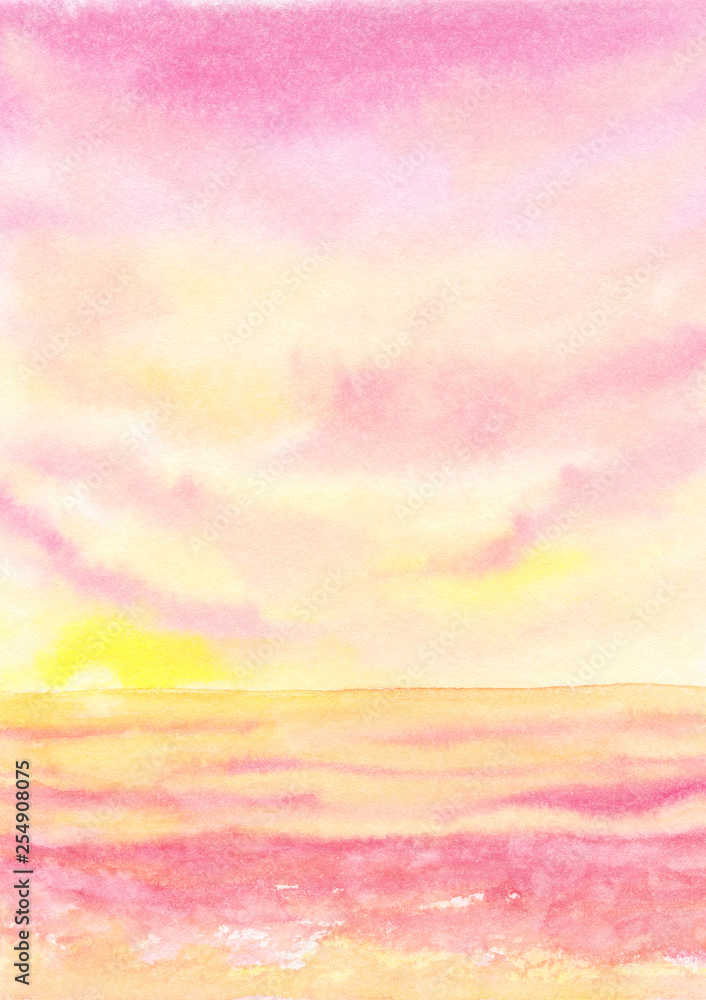 Watercolor hand drawn illustration. Tropical seascape with pink sunset, beautiful nature view of the cloudy sky and ocean.