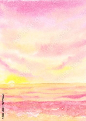 Watercolor hand drawn illustration. Tropical seascape with pink sunset, beautiful nature view of the cloudy sky and ocean.