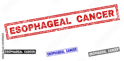 Grunge ESOPHAGEAL CANCER rectangle stamp seals isolated on a white background. Rectangular seals with grunge texture in red, blue, black and grey colors.