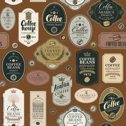 Vector seamless pattern on coffee and coffee house theme with various labels in retro style on the brown background. Can be used as wallpaper or wrapping paper