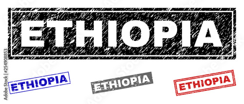 Grunge ETHIOPIA rectangle stamp seals isolated on a white background. Rectangular seals with grunge texture in red, blue, black and gray colors.